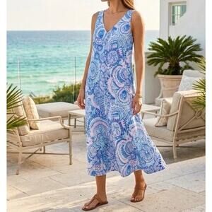 Lilly Pulitzer Florin Linen Maxi Midi Dress Blue Grotto Commotion In The Ocean L